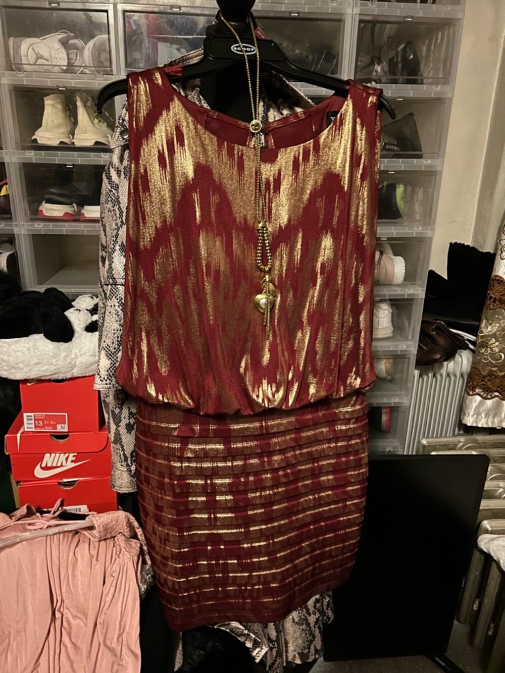 Xscape Burgundy and Gold Metallic Stripe Cocktail Dress